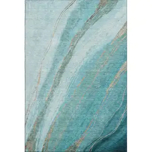 Photo of Turquoise And Teal Abstract Washable Area Rug With UV Protection