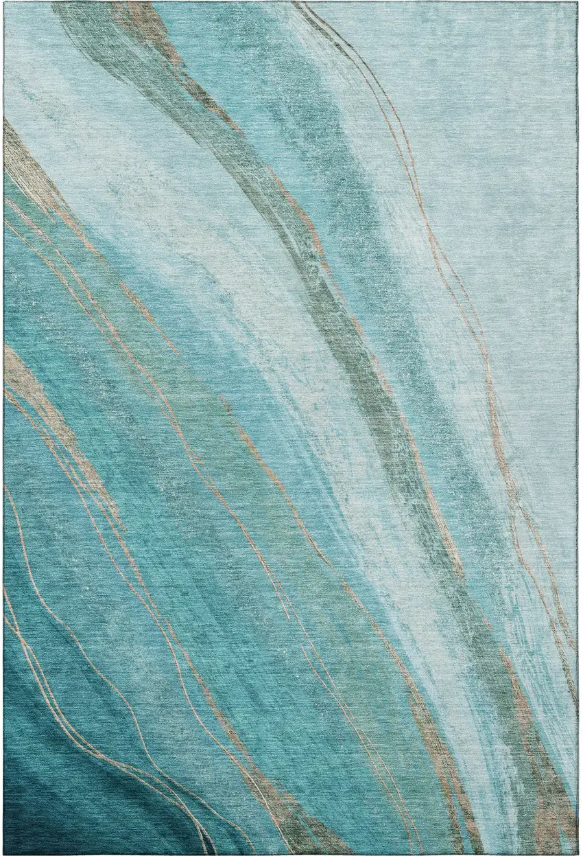 Turquoise And Teal Abstract Washable Area Rug With UV Protection Photo 4