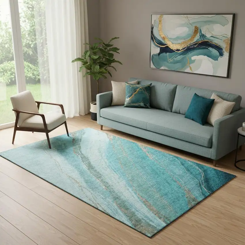 Turquoise And Teal Abstract Washable Area Rug With UV Protection Photo 2