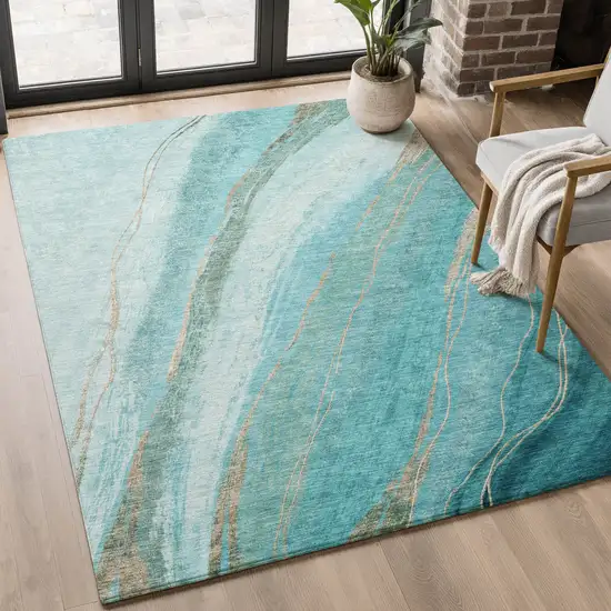 Turquoise And Teal Abstract Washable Area Rug With UV Protection Photo 5