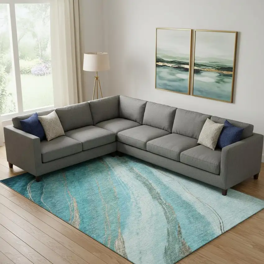 Turquoise And Teal Abstract Washable Area Rug With UV Protection Photo 2