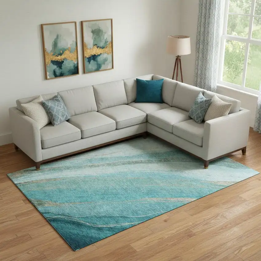 Turquoise And Teal Abstract Washable Area Rug With UV Protection Photo 2