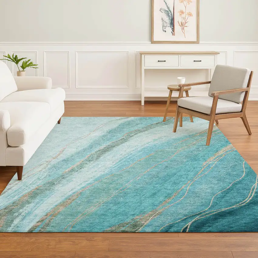 Turquoise And Teal Abstract Washable Area Rug With UV Protection Photo 6
