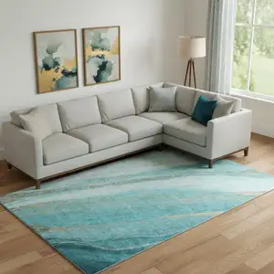 Photo of Turquoise And Teal Abstract Washable Area Rug With UV Protection