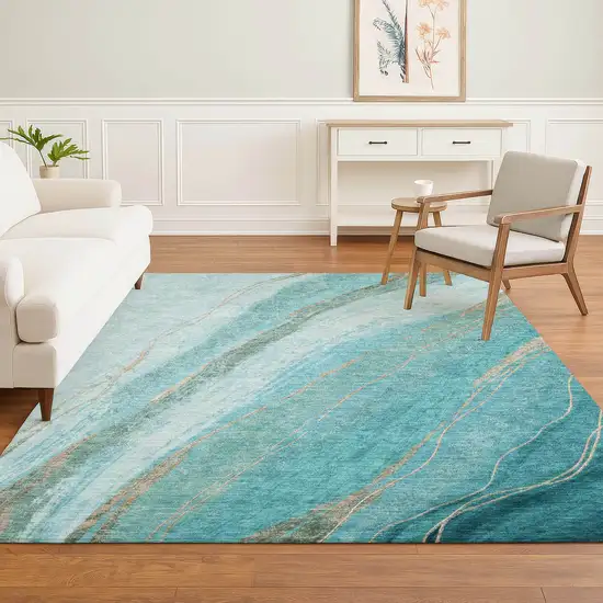 Turquoise And Teal Abstract Washable Area Rug With UV Protection Photo 6