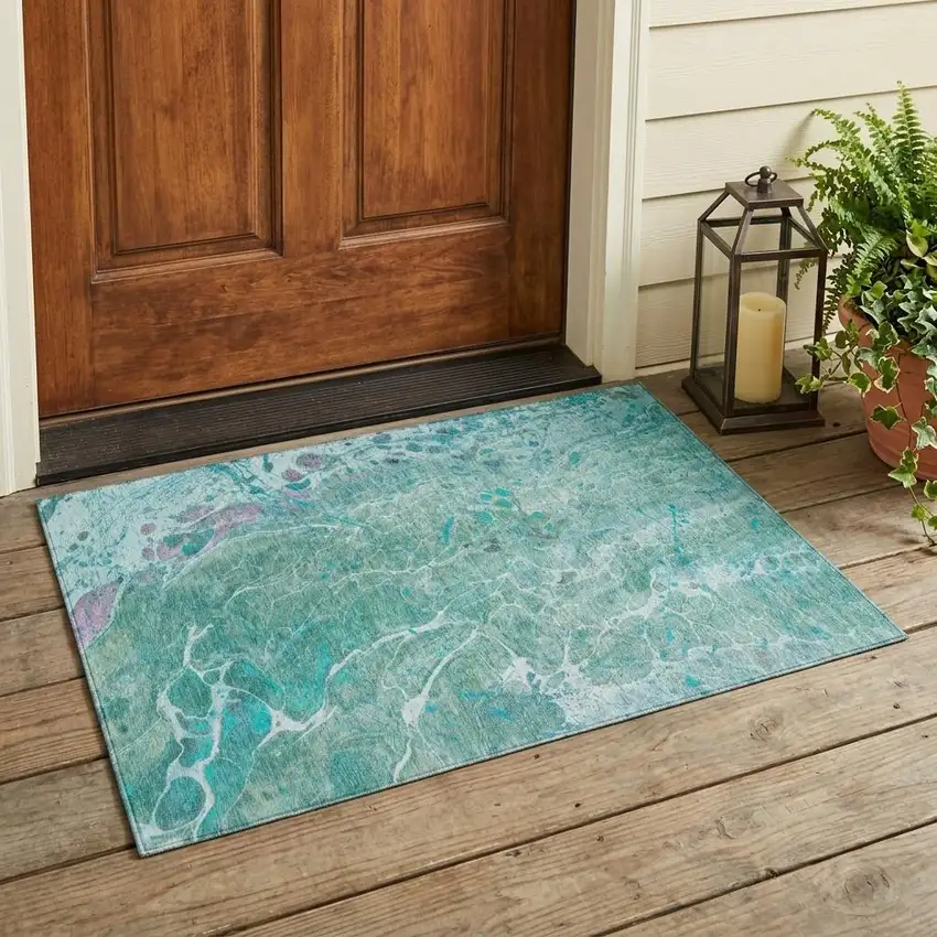 Turquoise And Teal Blue Abstract Washable Indoor Outdoor Area Rug Photo 1
