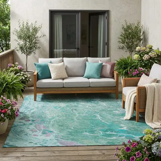 Turquoise And Teal Blue Abstract Washable Indoor Outdoor Area Rug Photo 1