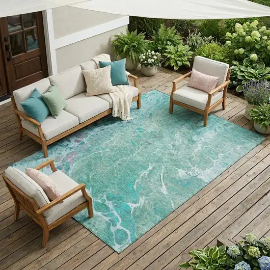 Turquoise And Teal Blue Abstract Washable Indoor Outdoor Area Rug Photo 1