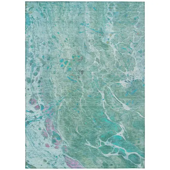 Turquoise And Teal Blue Abstract Washable Indoor Outdoor Area Rug Photo 2