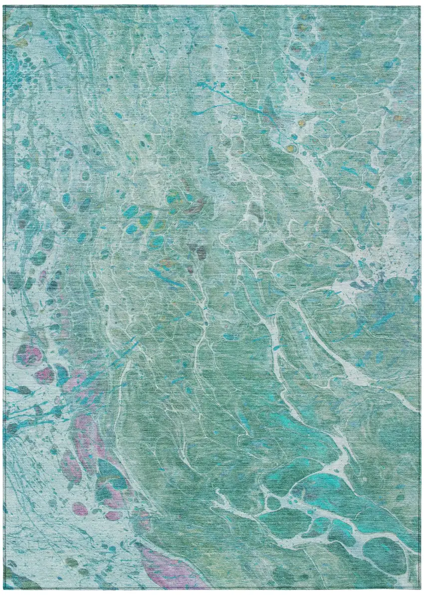 Turquoise And Teal Blue Abstract Washable Indoor Outdoor Area Rug Photo 2