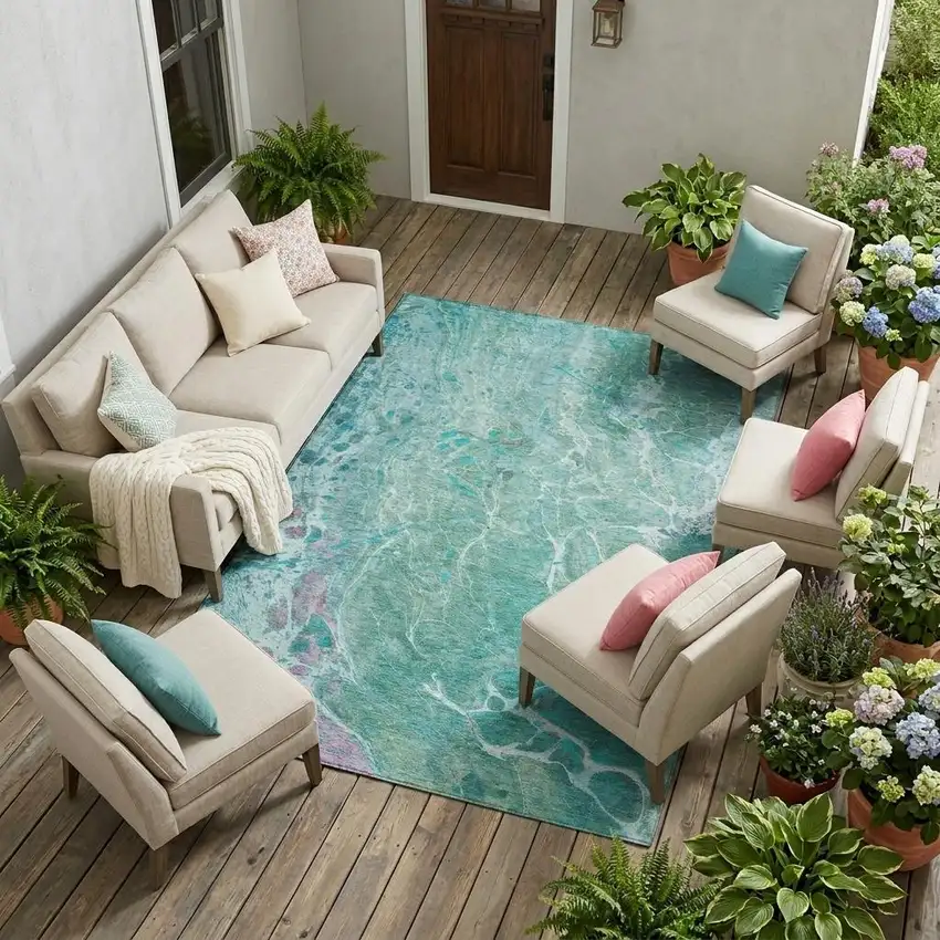 Turquoise And Teal Blue Abstract Washable Indoor Outdoor Area Rug Photo 1