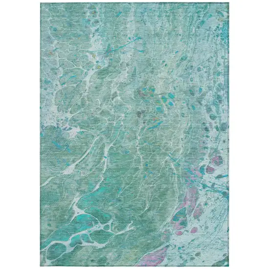 Turquoise And Teal Blue Abstract Washable Indoor Outdoor Area Rug Photo 4