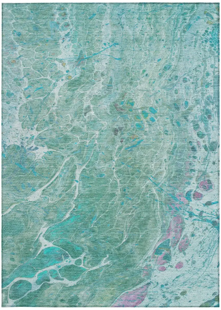 Turquoise And Teal Blue Abstract Washable Indoor Outdoor Area Rug Photo 4