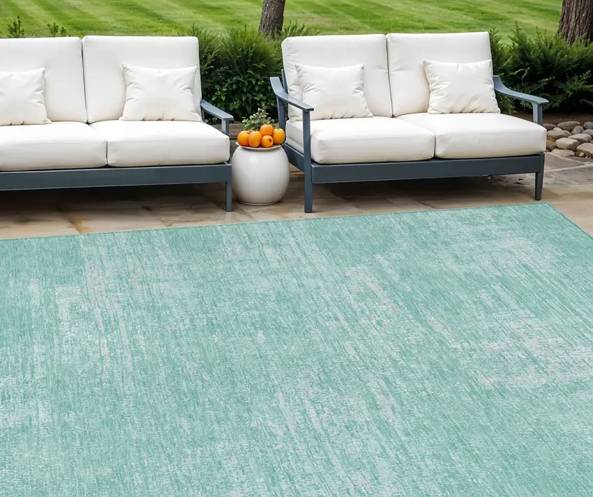 Turquoise And Teal Blue Abstract Washable Indoor Outdoor Area Rug Photo 1