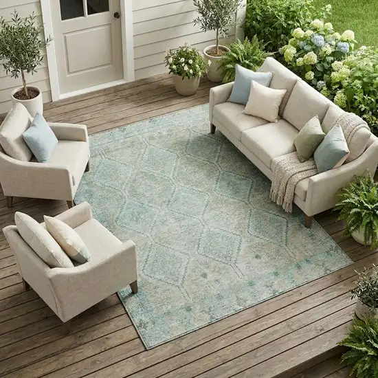 Turquoise And Teal Blue Geometric Washable Indoor Outdoor Area Rug Photo 1