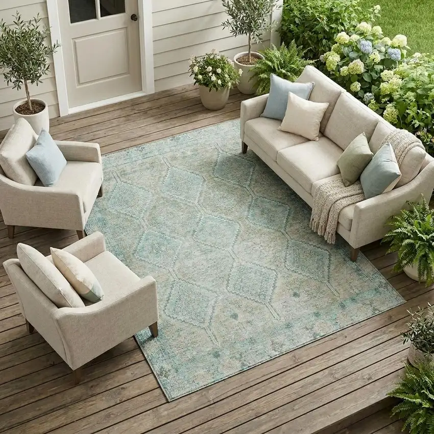 Turquoise And Teal Blue Geometric Washable Indoor Outdoor Area Rug Photo 1
