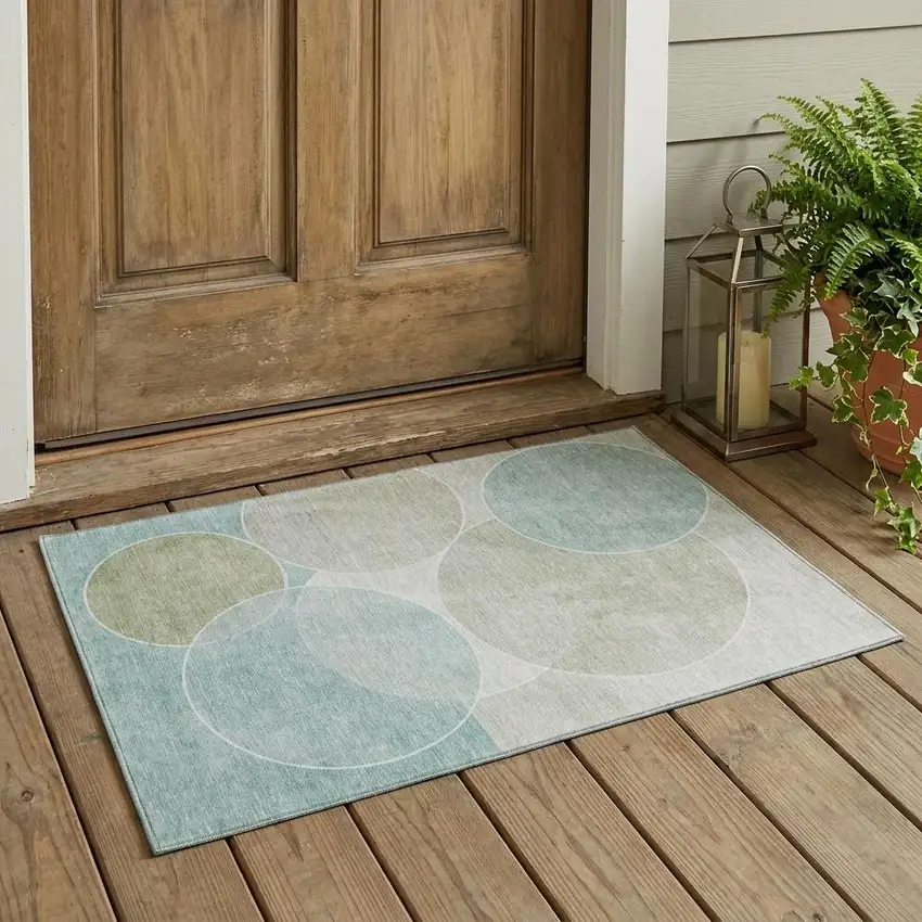 Turquoise And Teal Blue Geometric Washable Indoor Outdoor Area Rug Photo 1