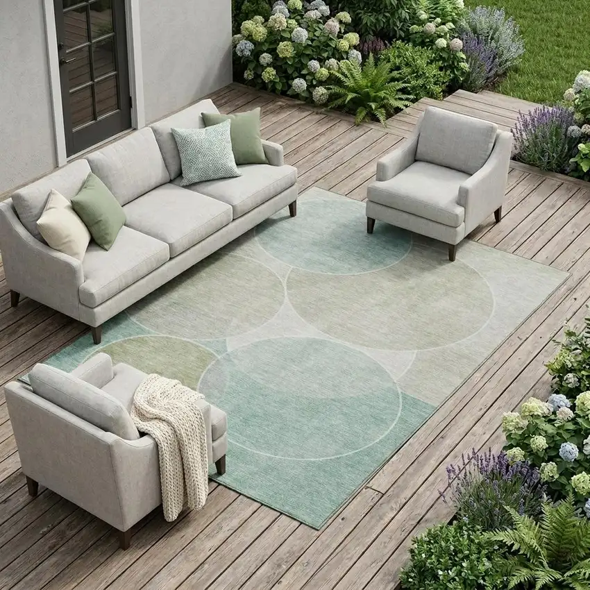 Turquoise And Teal Blue Geometric Washable Indoor Outdoor Area Rug Photo 1