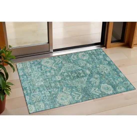 Turquoise And Teal Blue Medallion Washable Indoor Outdoor Area Rug Photo 1