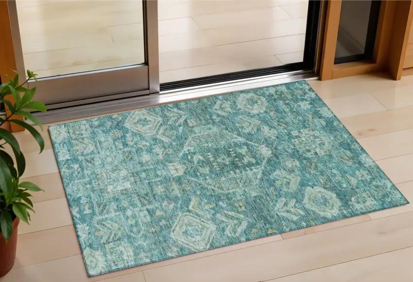 Turquoise And Teal Blue Medallion Washable Indoor Outdoor Area Rug Photo 1