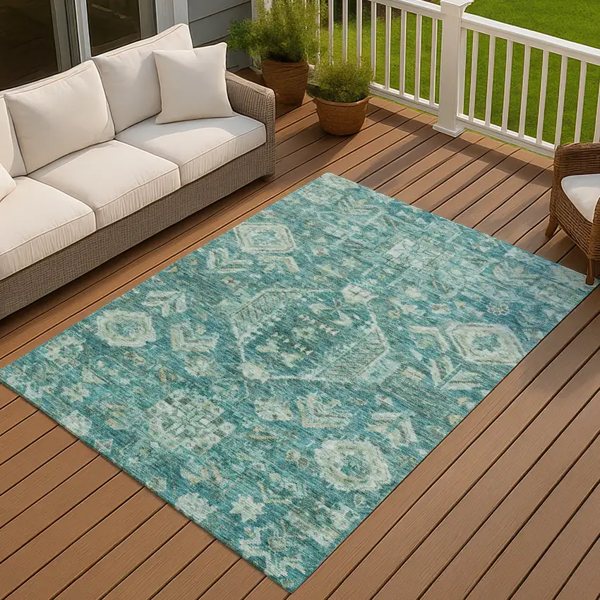 Turquoise And Teal Blue Medallion Washable Indoor Outdoor Area Rug Photo 4