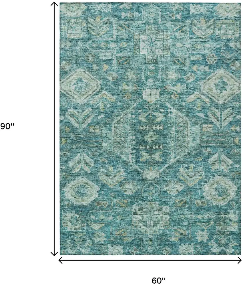 Turquoise And Teal Blue Medallion Washable Indoor Outdoor Area Rug Photo 3