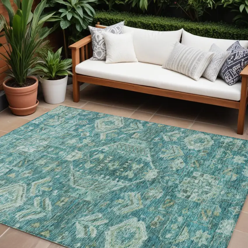Turquoise And Teal Blue Medallion Washable Indoor Outdoor Area Rug Photo 1
