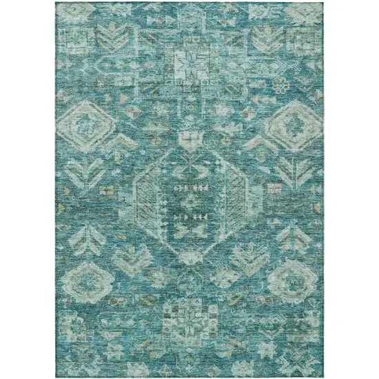 Turquoise And Teal Blue Medallion Washable Indoor Outdoor Area Rug Photo 1