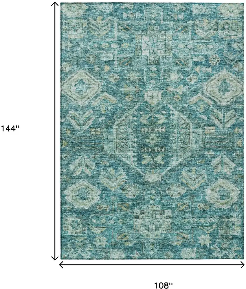 Turquoise And Teal Blue Medallion Washable Indoor Outdoor Area Rug Photo 3