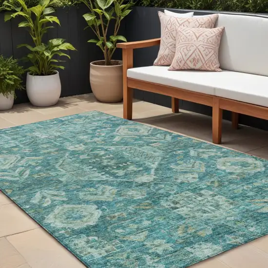Turquoise And Teal Blue Medallion Washable Indoor Outdoor Area Rug Photo 1