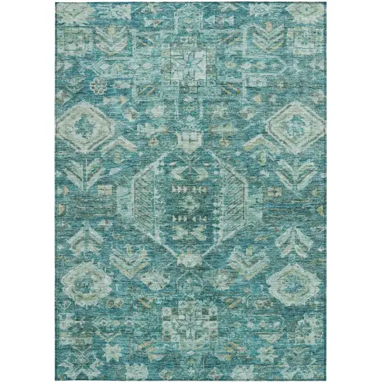 Turquoise And Teal Blue Medallion Washable Indoor Outdoor Area Rug Photo 3