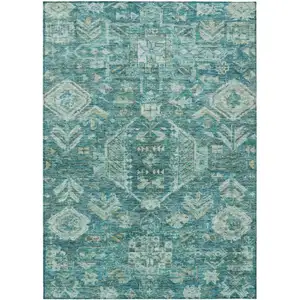 Photo of Turquoise And Teal Blue Medallion Washable Indoor Outdoor Area Rug