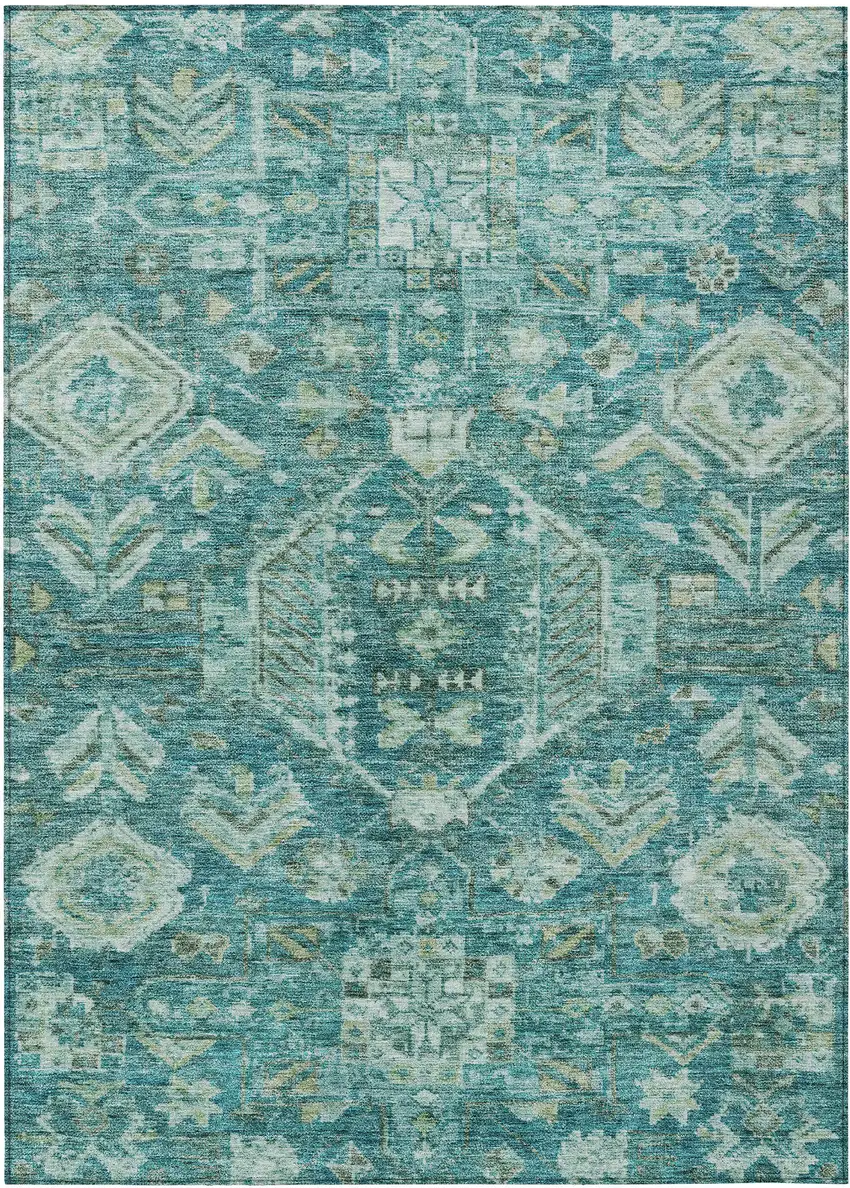 Turquoise And Teal Blue Medallion Washable Indoor Outdoor Area Rug Photo 1