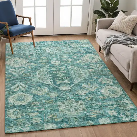 Turquoise And Teal Blue Medallion Washable Indoor Outdoor Area Rug Photo 5