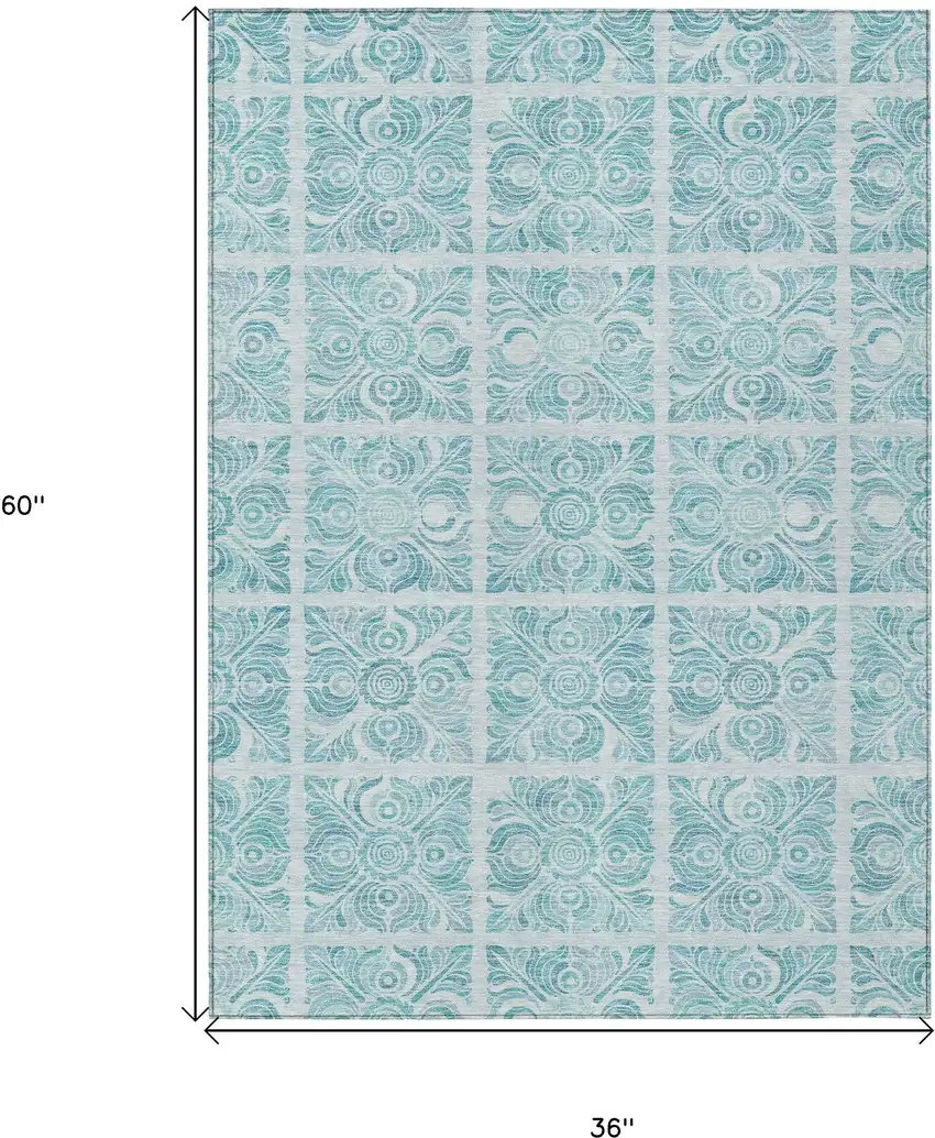 Turquoise And Teal Blue Medallion Washable Indoor Outdoor Area Rug Photo 3