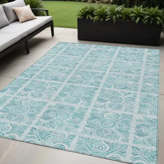 Turquoise And Teal Blue Medallion Washable Indoor Outdoor Area Rug Photo 1