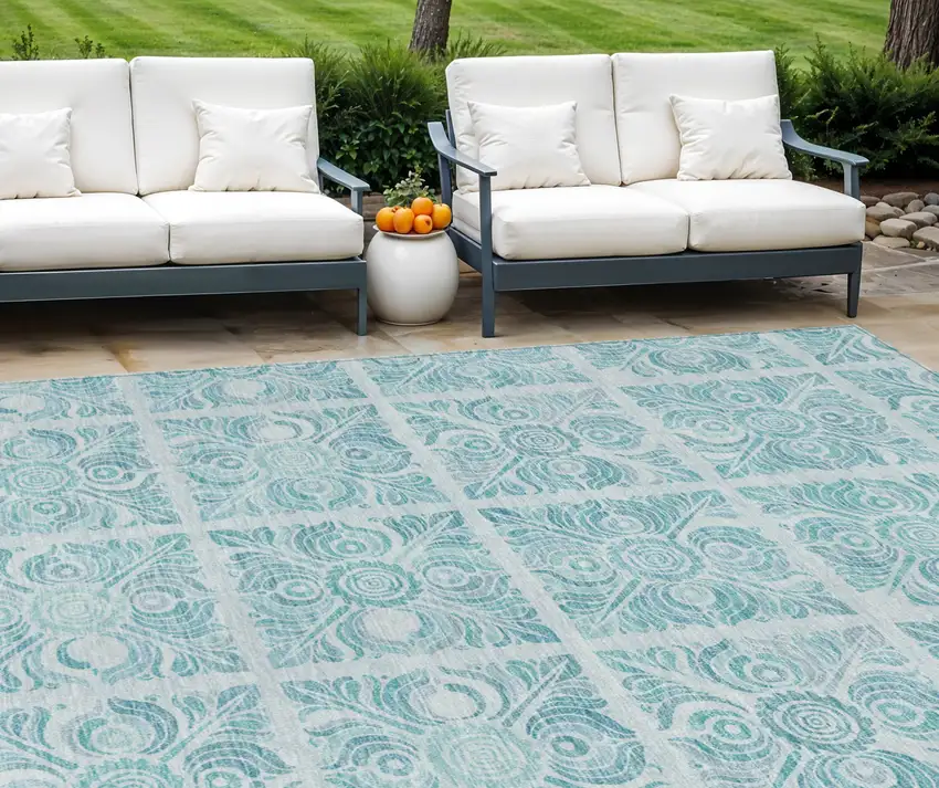 Turquoise And Teal Blue Medallion Washable Indoor Outdoor Area Rug Photo 1