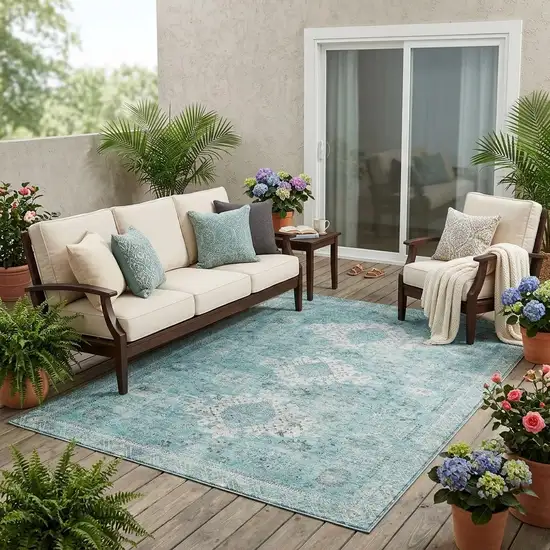 Turquoise And Teal Blue Oriental Washable Indoor Outdoor Area Rug Photo 1