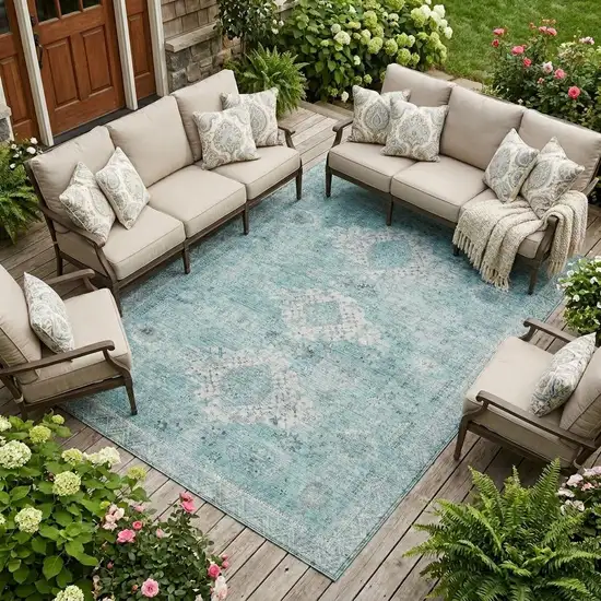 Turquoise And Teal Blue Oriental Washable Indoor Outdoor Area Rug Photo 1