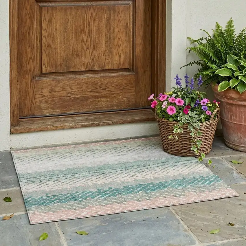 Turquoise And Teal Blue Striped Washable Indoor Outdoor Area Rug Photo 1