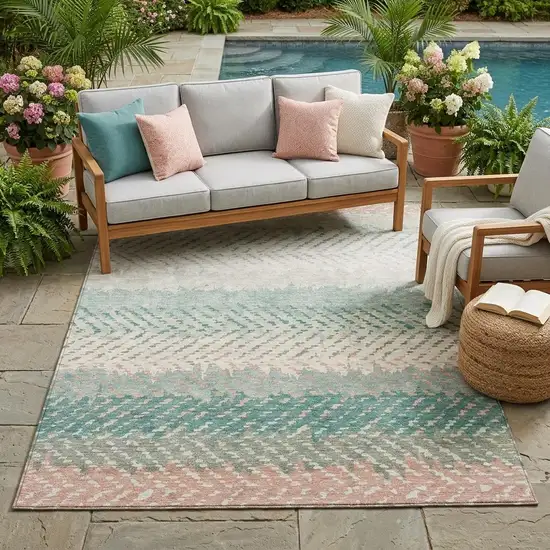 Turquoise And Teal Blue Striped Washable Indoor Outdoor Area Rug Photo 1