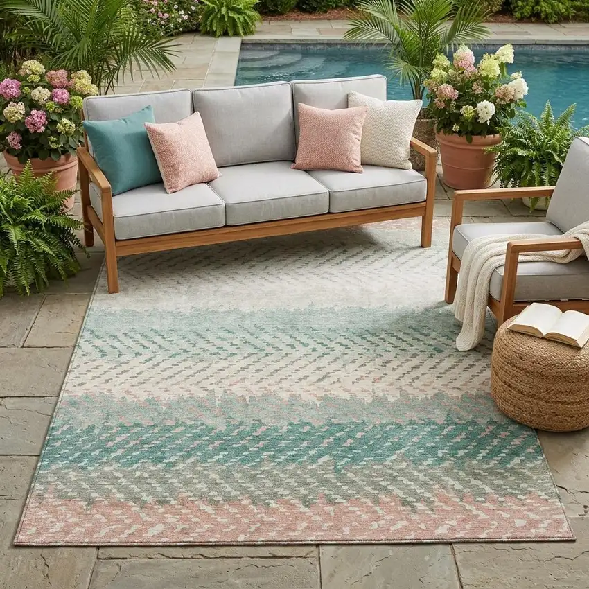 Turquoise And Teal Blue Striped Washable Indoor Outdoor Area Rug Photo 1