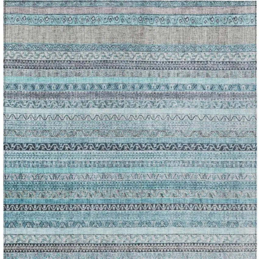 Turquoise And Teal Blue Striped Washable Indoor Outdoor Area Rug Photo 4