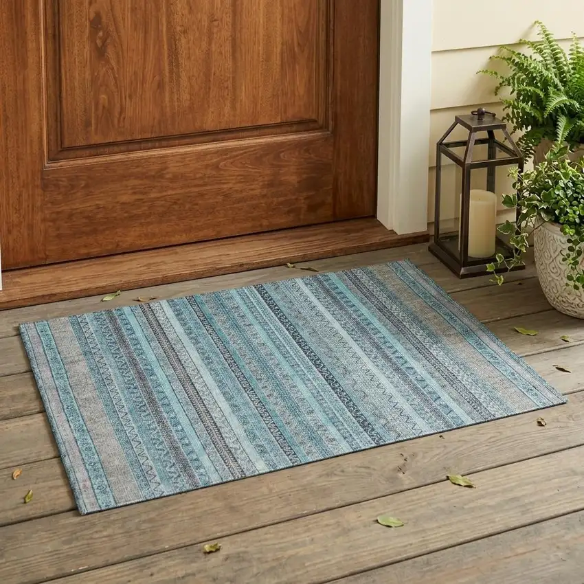 Turquoise And Teal Blue Striped Washable Indoor Outdoor Area Rug Photo 1