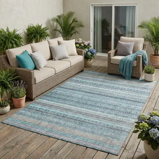 Turquoise And Teal Blue Striped Washable Indoor Outdoor Area Rug Photo 1