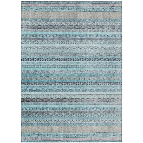 Turquoise And Teal Blue Striped Washable Indoor Outdoor Area Rug Photo 2