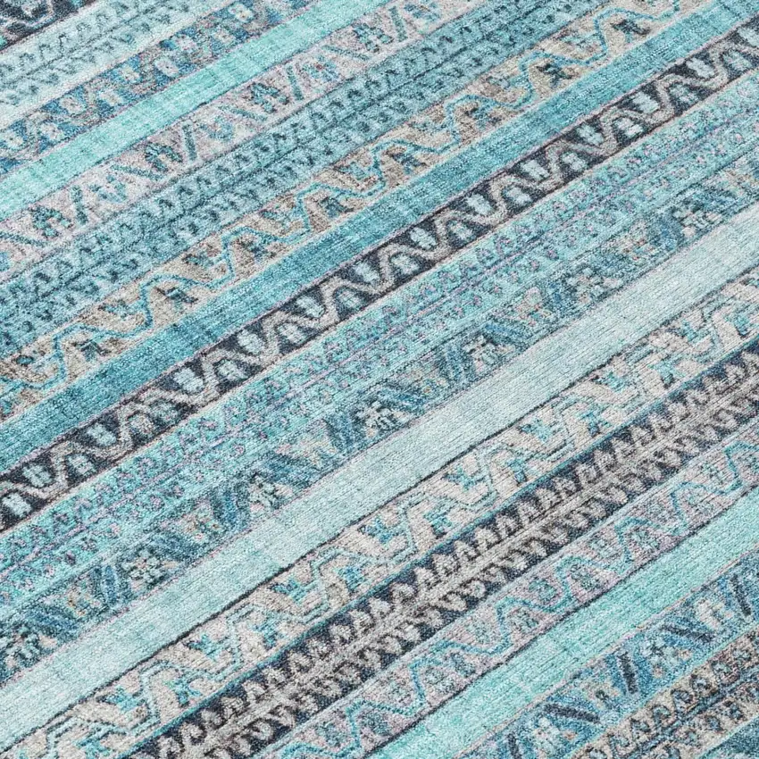 Turquoise And Teal Blue Striped Washable Indoor Outdoor Area Rug Photo 6
