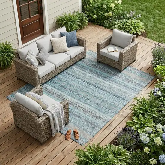 Turquoise And Teal Blue Striped Washable Indoor Outdoor Area Rug Photo 1
