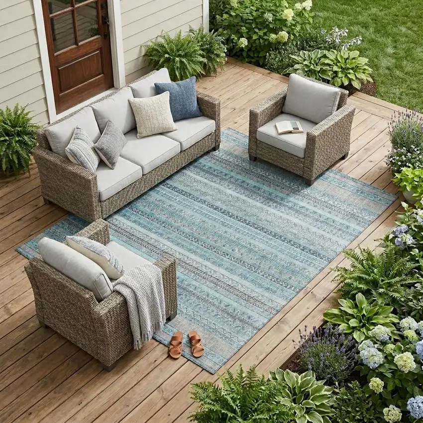 Turquoise And Teal Blue Striped Washable Indoor Outdoor Area Rug Photo 1
