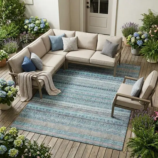 Turquoise And Teal Blue Striped Washable Indoor Outdoor Area Rug Photo 1